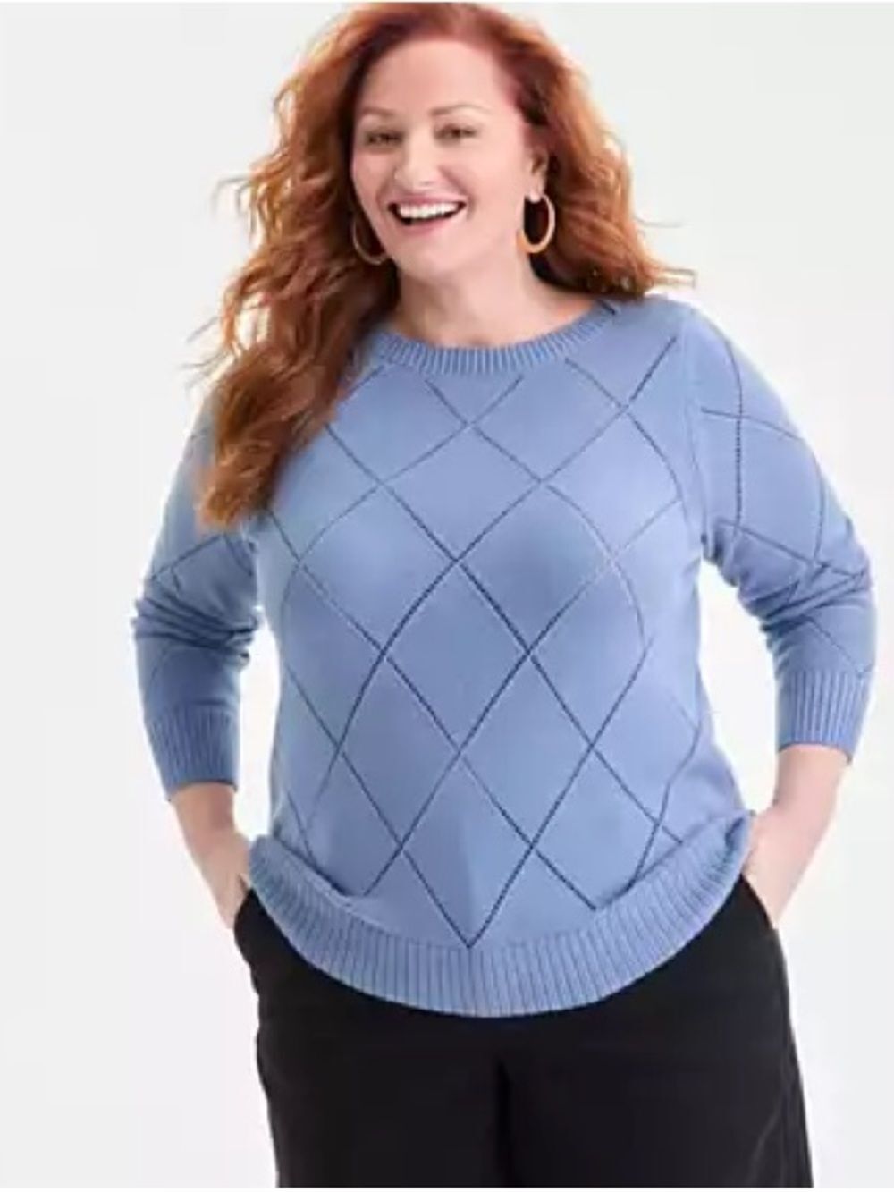 Style & Co. Slate Blue Diamond Stitch Pointelle Boat-Neck Knit Sweater Plus 1X